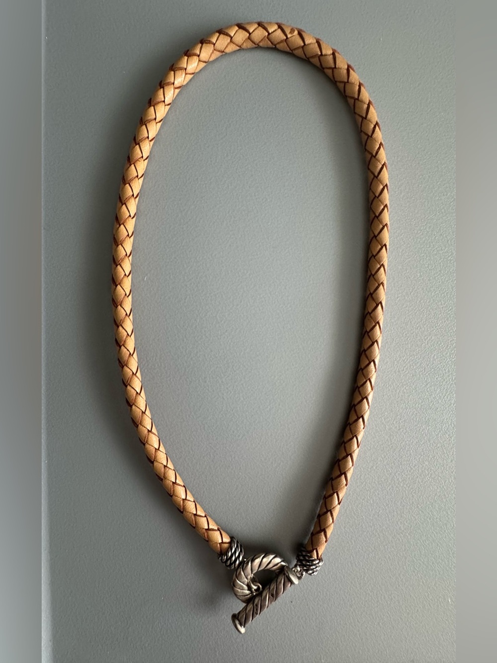Braided Tan Leather Necklace with Silver Twist Toggle
